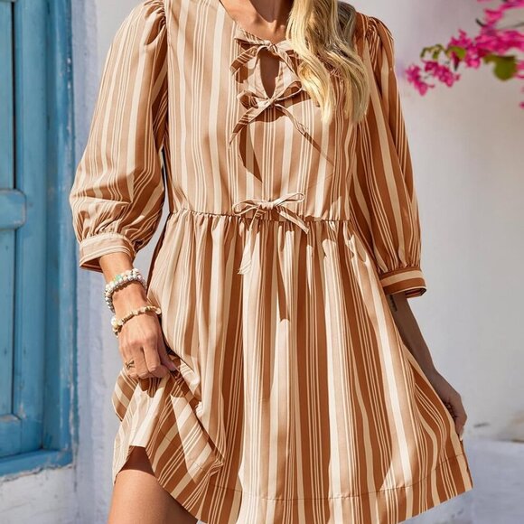 Women's Puff Sleeve Mini Dress Cotton Striped Casual Beach Summer Dress - Picture 4 of 5